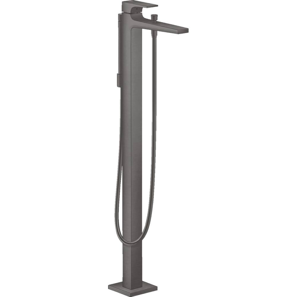 Brushed black chrome freestanding tub filler with lever handle, spout, and detachable handshower on hose.