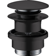 Matte black push-open sink drain with circular top cap and chrome threaded base connection.