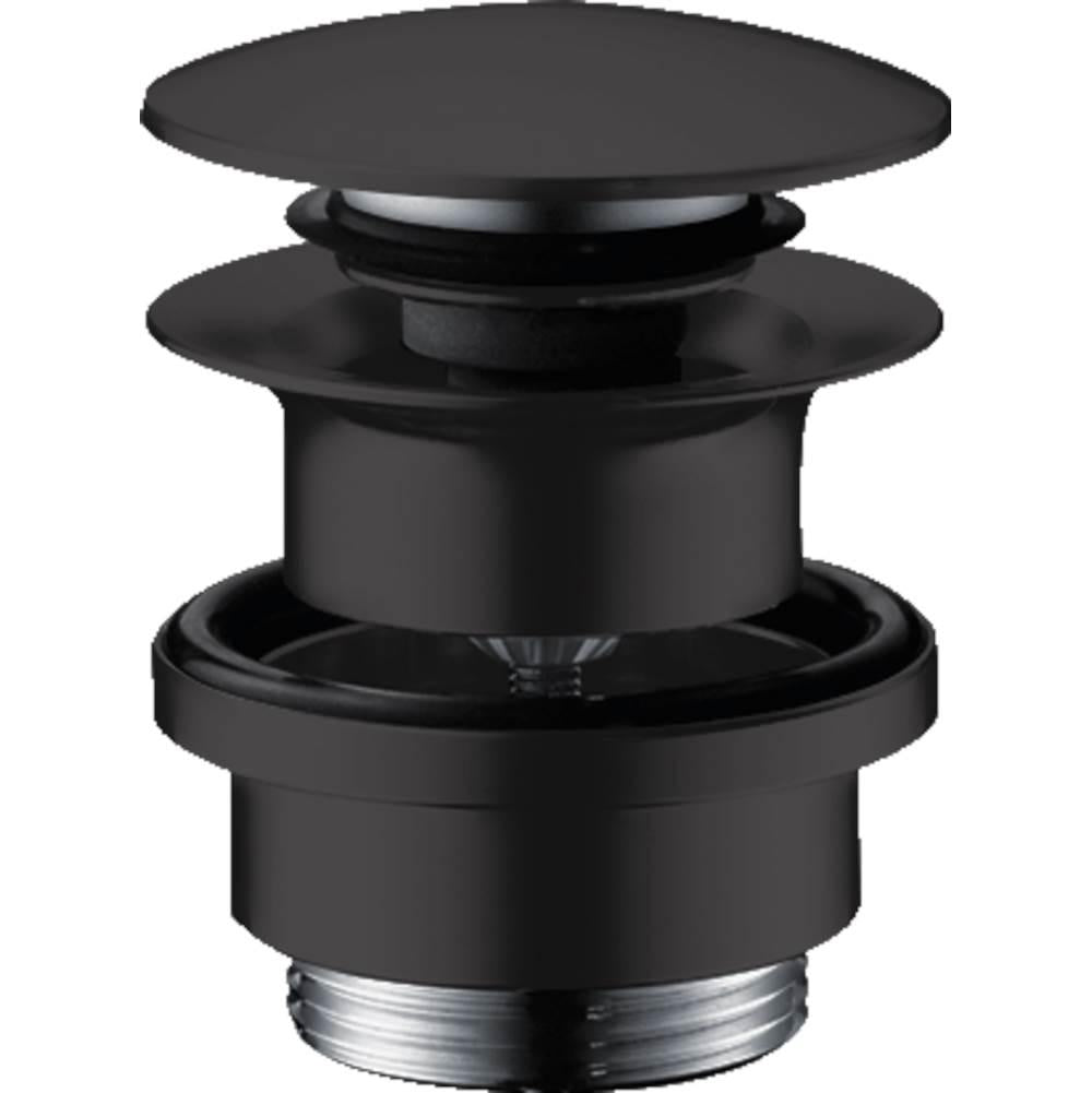 Matte black push-open sink drain with circular top cap and chrome threaded base connection.
