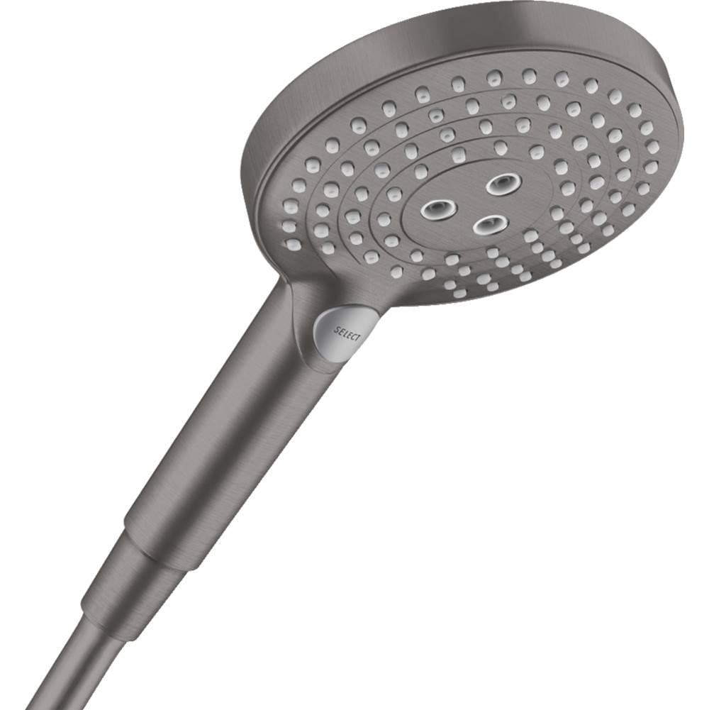 Brushed black chrome hand shower with round perforated head and three jet openings on handle.