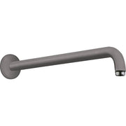 Brushed black chrome shower arm with wall-mounted circular flange and angled outlet connector.