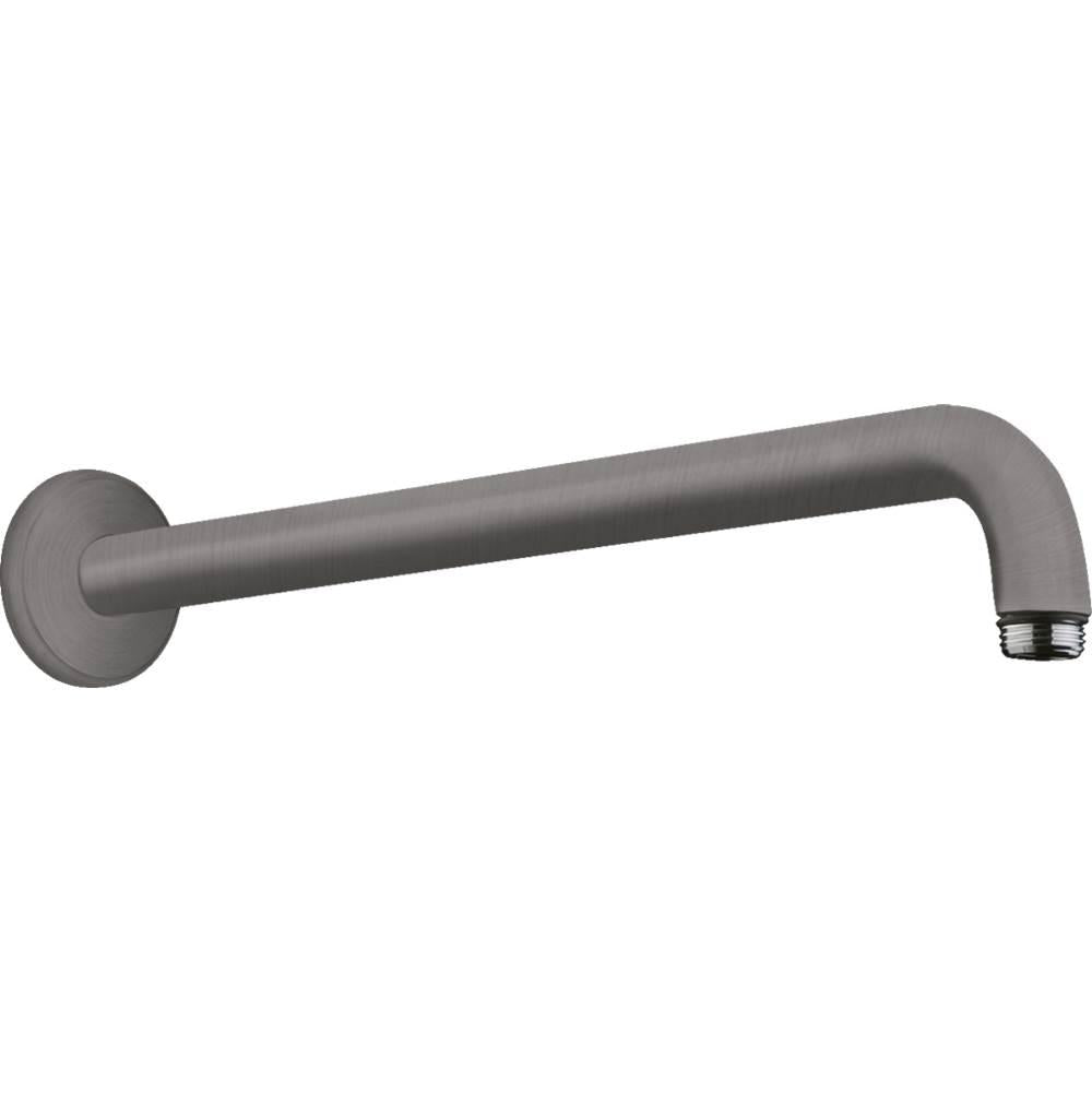 Brushed black chrome shower arm with wall-mounted circular flange and angled outlet connector.