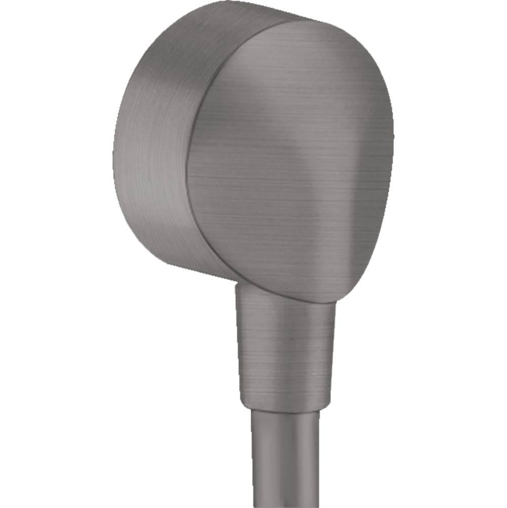 Brushed black chrome wall outlet with rounded cap and cylindrical connector, viewed at an angle.
