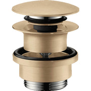Brushed bronze push-open sink drain with circular cap, black rubber seal, and chrome threaded base shown in exploded view.