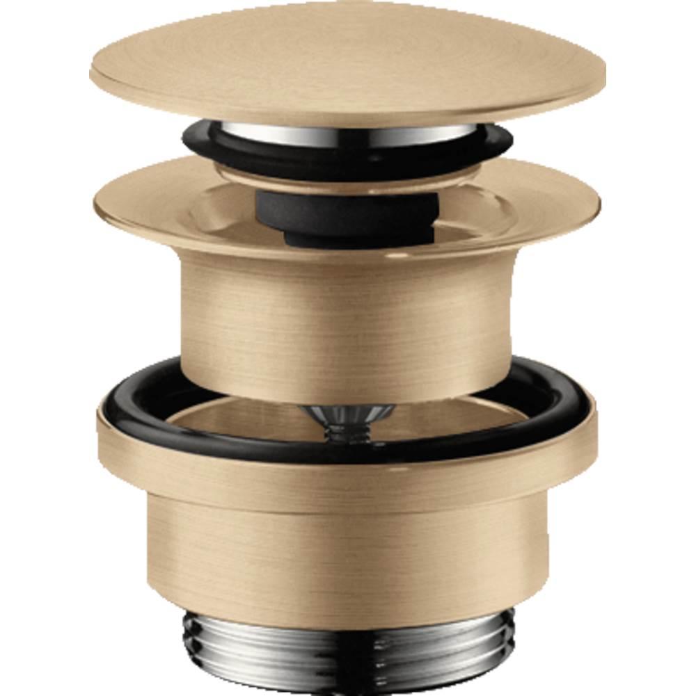 Brushed bronze push-open sink drain with circular cap, black rubber seal, and chrome threaded base shown in exploded view.