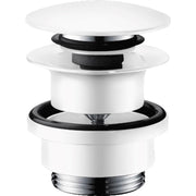 Matte white push-open sink drain with chrome trim and black rubber seals in assembled and disassembled views.