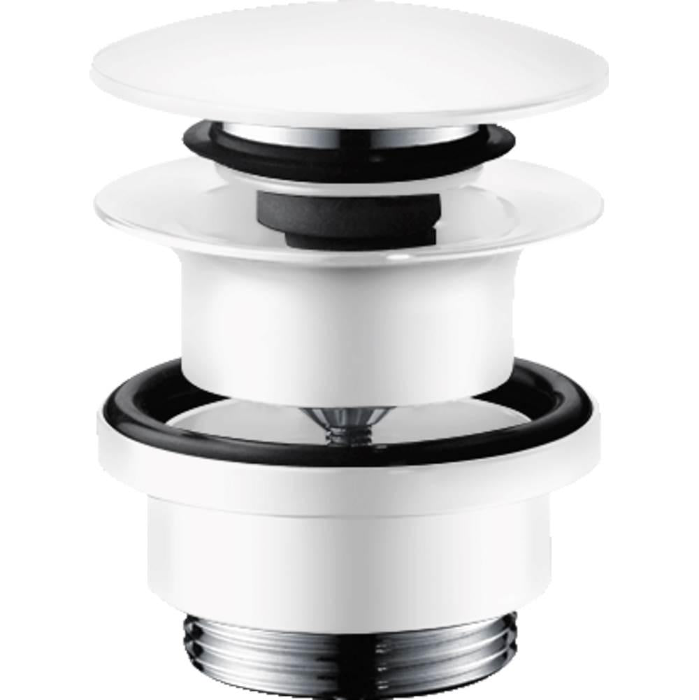 Matte white push-open sink drain with chrome trim and black rubber seals in assembled and disassembled views.