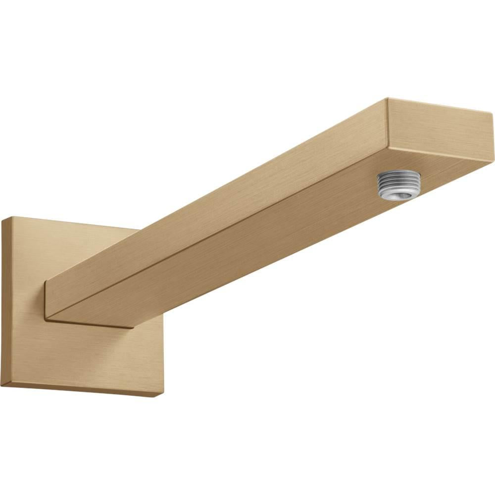 Brushed bronze shower arm extending horizontally from square wall mount with threaded connection port.