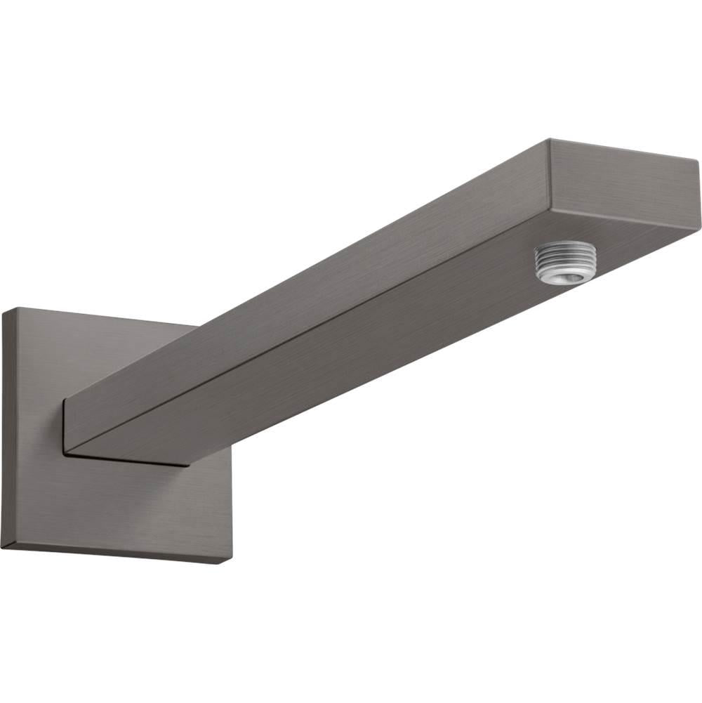 Brushed black chrome shower arm with wall mount and threaded connection port on end.