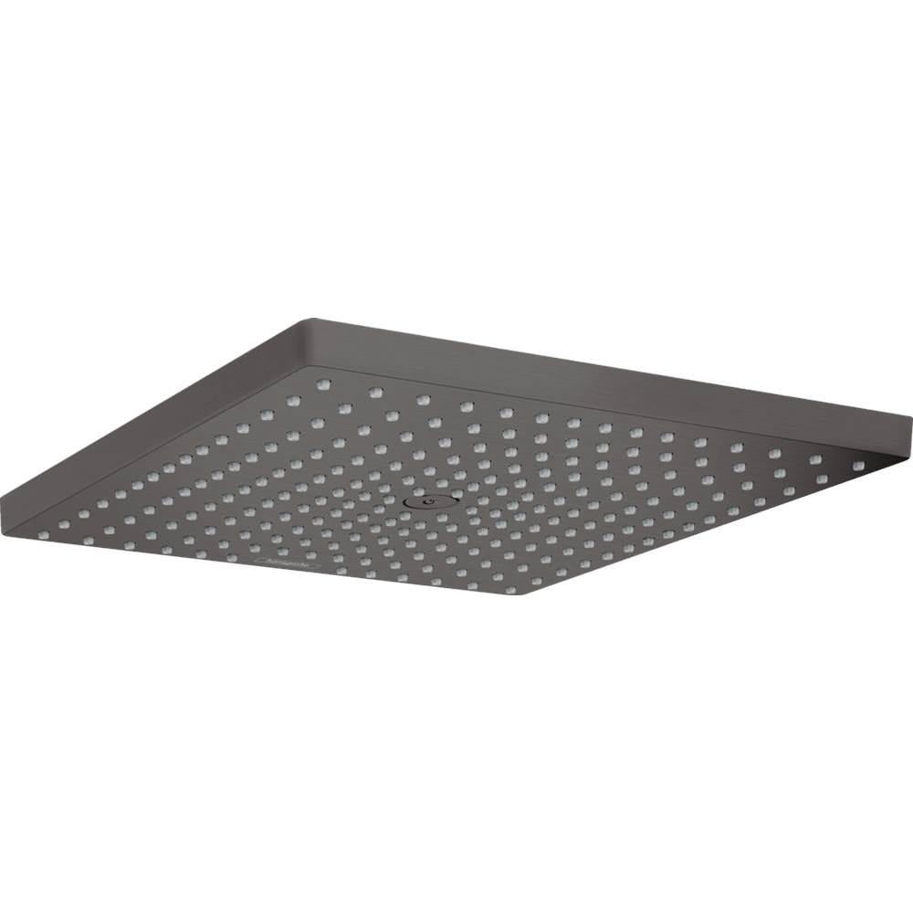 Square brushed black chrome shower head with multiple spray jets covering flat surface.