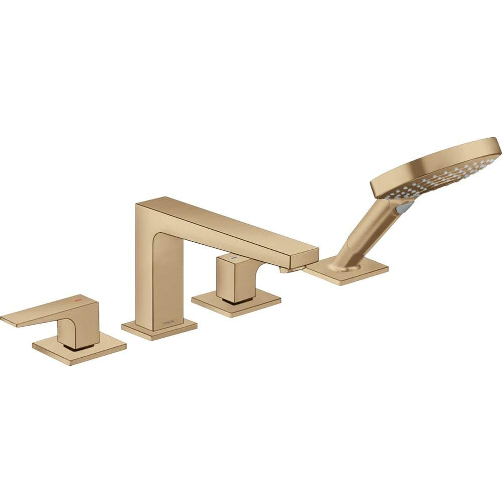Brushed bronze four-hole roman tub faucet set with lever handles and handheld showerhead on square bases.