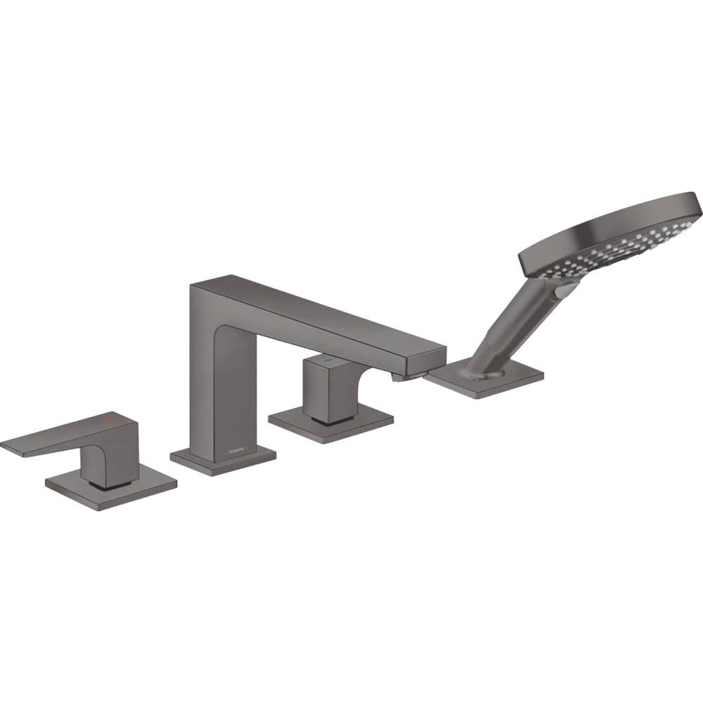 Brushed black chrome four-piece tub faucet set with two lever handles, curved spout, and handheld showerhead.