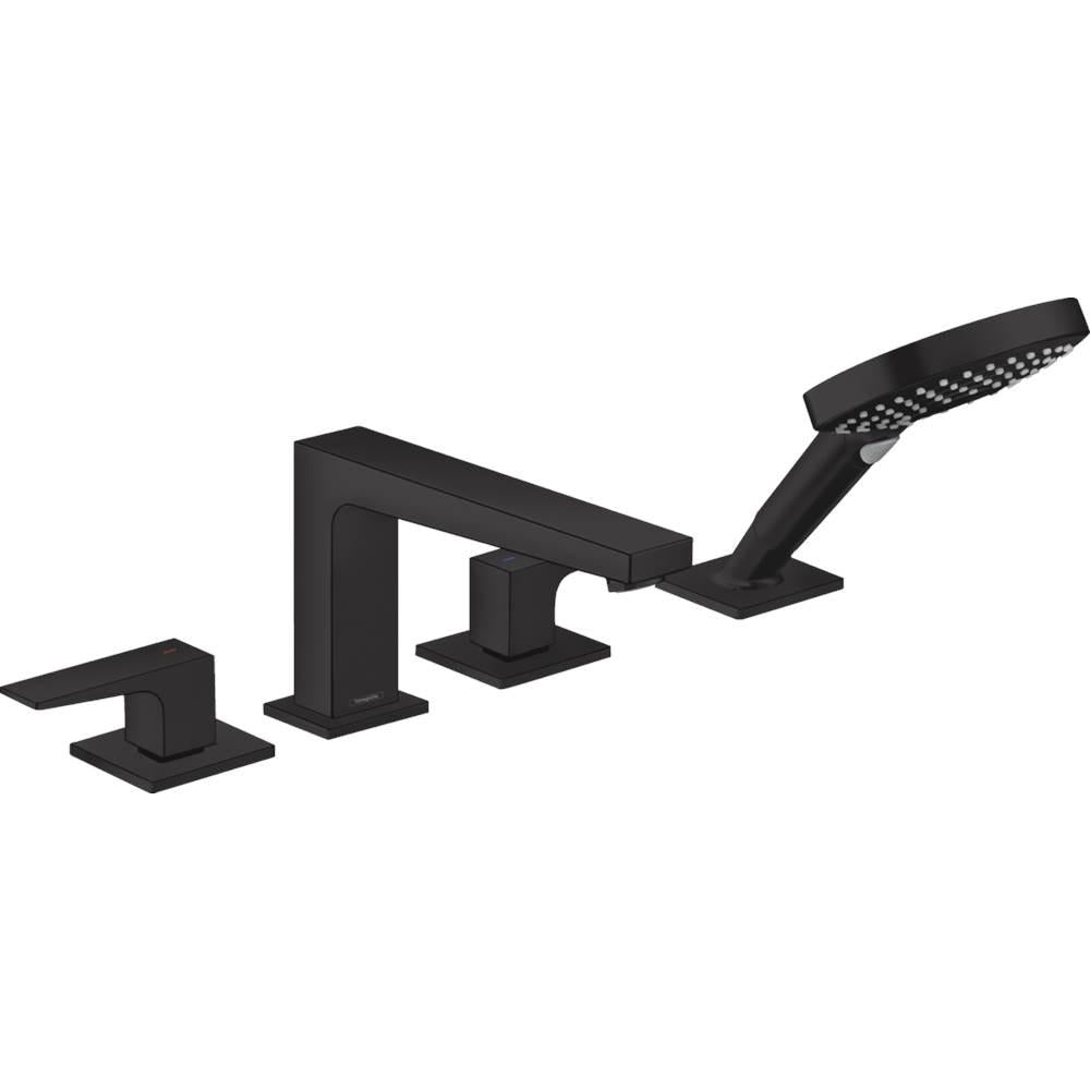 Matte black four-piece tub faucet set with two lever handles, curved spout, and handheld showerhead with perforated face.