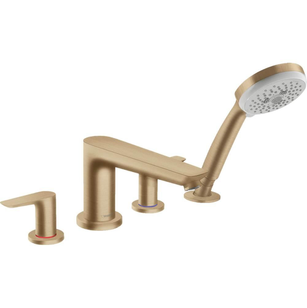 Brushed bronze four-hole Roman tub faucet set with curved spout, handheld showerhead, and matching trim pieces.