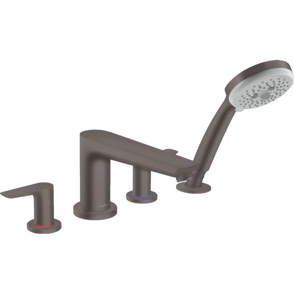 Brushed black chrome 4-hole Roman tub faucet trim with curved spout, handheld showerhead, and lever handle.