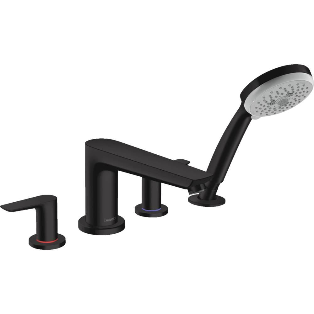 Matte black 4-hole roman tub faucet set with curved spout, two cylindrical controls, and handheld showerhead with gray face.