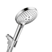 Chrome handheld showerhead with circular perforated face and cylindrical handle with control selector.