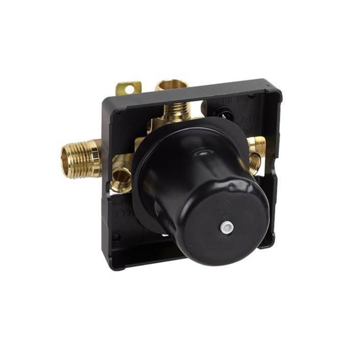 Hansgrohe pressure balance valve rough-in with brass connections and black adjustment cartridge and service stops.