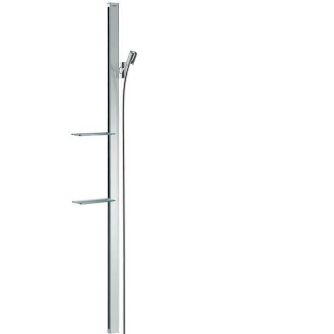 Chrome wall-mounted vertical shower bar with handheld showerhead and two shelves.