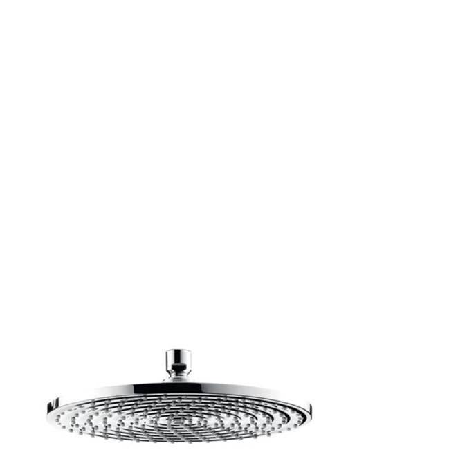 Chrome overhead shower head with round flat face and multiple spray jets in concentric circular pattern.
