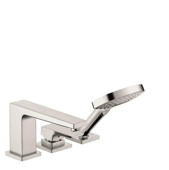 Brushed nickel three-piece tub faucet set with lever handle and handheld showerhead with spray pattern.