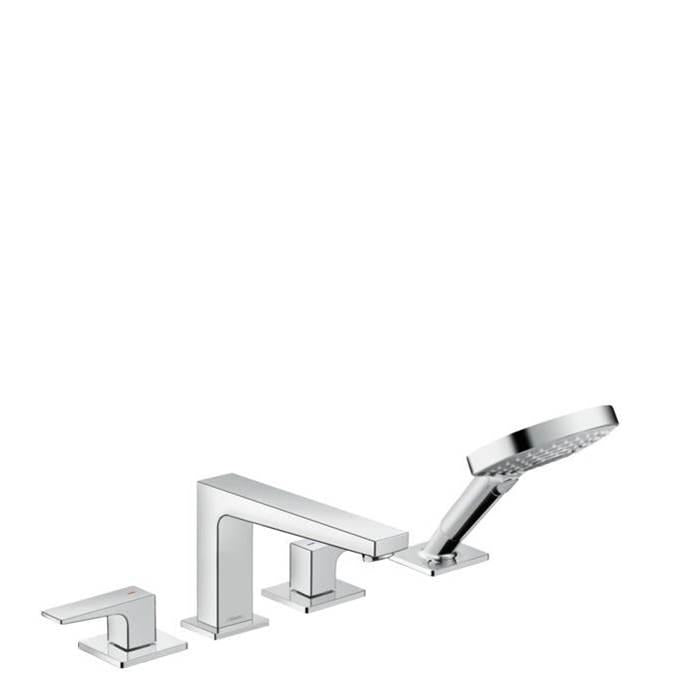 Chrome 4-hole roman tub faucet set with two lever handles, spout, and handheld showerhead.