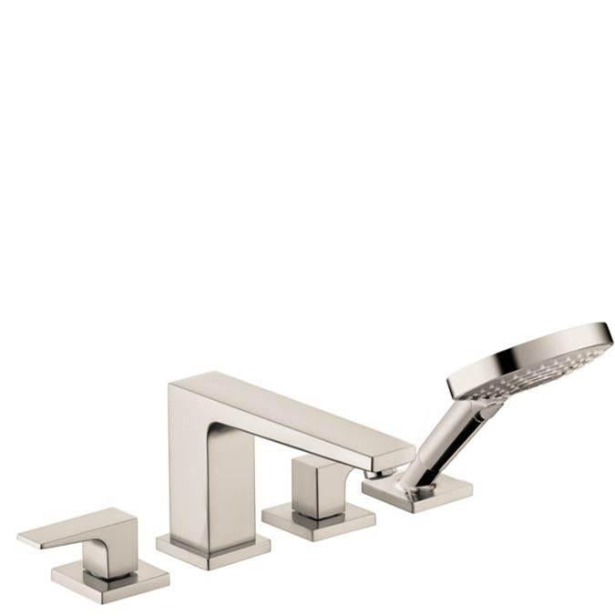 Brushed nickel four-hole roman tub trim with two lever handles, curved spout, and handheld showerhead with angled spray patte