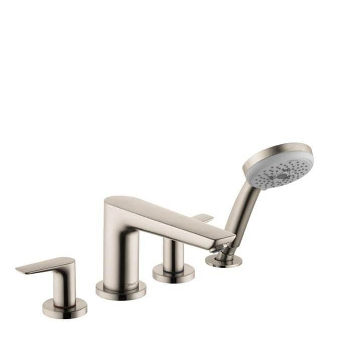 Brushed nickel four-hole roman tub faucet set with curved spout, three vertical handles, and detachable handheld showerhead.