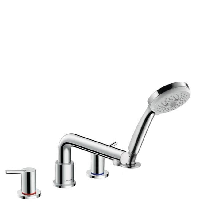 Chrome four-hole roman tub faucet set with curved spout, two control handles, and detachable handshower with perforated head.