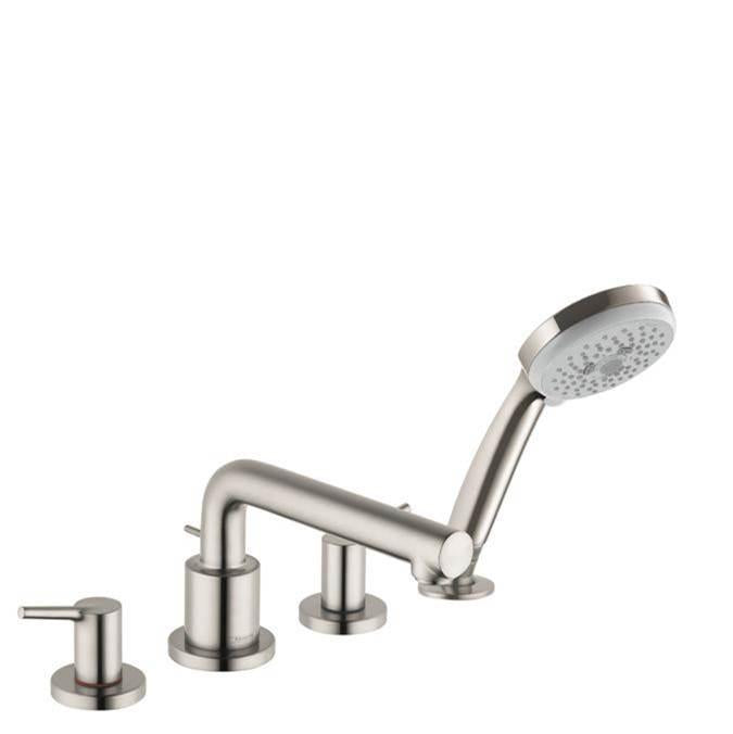Brushed nickel four-hole roman tub faucet set with curved spout, two handle controls, and detachable handshower.