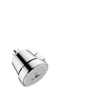 Chrome cylindrical shower head with three-jet nozzle pattern and threaded inlet connection.