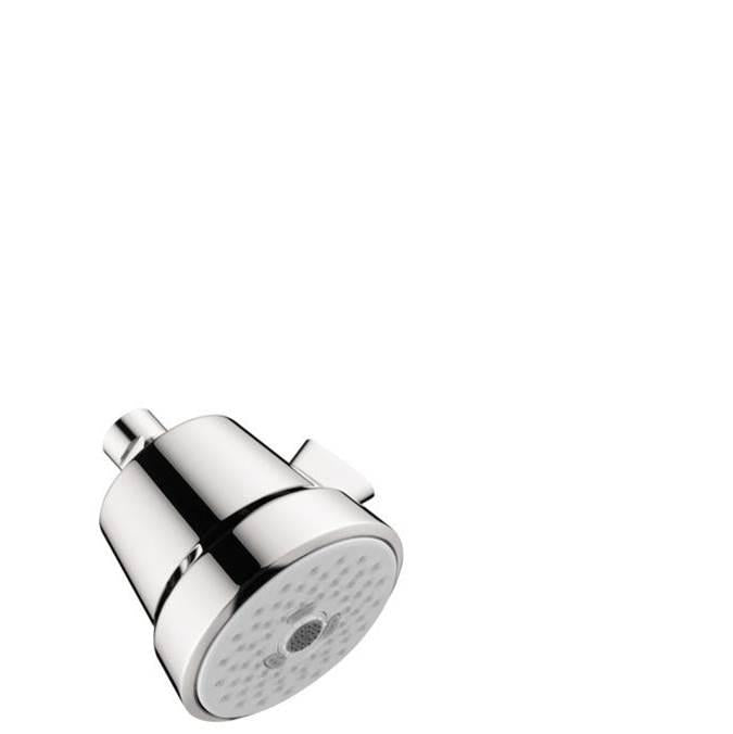 Chrome cylindrical shower head with three-jet nozzle pattern and threaded inlet connection.