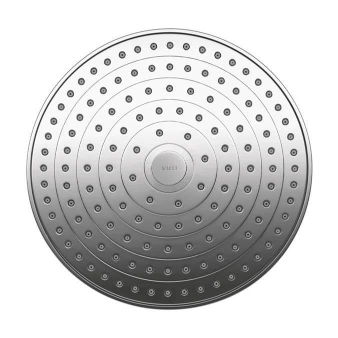Chrome circular shower head with multiple concentric rings of spray jets and center select button.