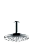 Brushed nickel round shower head with ceiling-mounted arm and multiple spray jets.