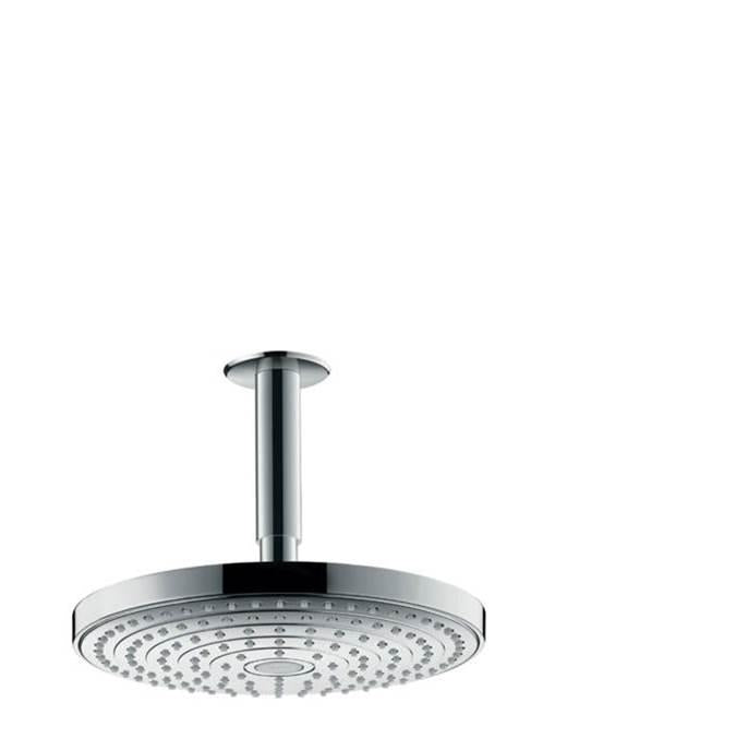 Brushed nickel round shower head with ceiling-mounted arm and multiple spray jets.