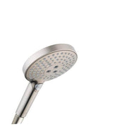 Brushed nickel handheld showerhead with circular perforated face and grip handle.