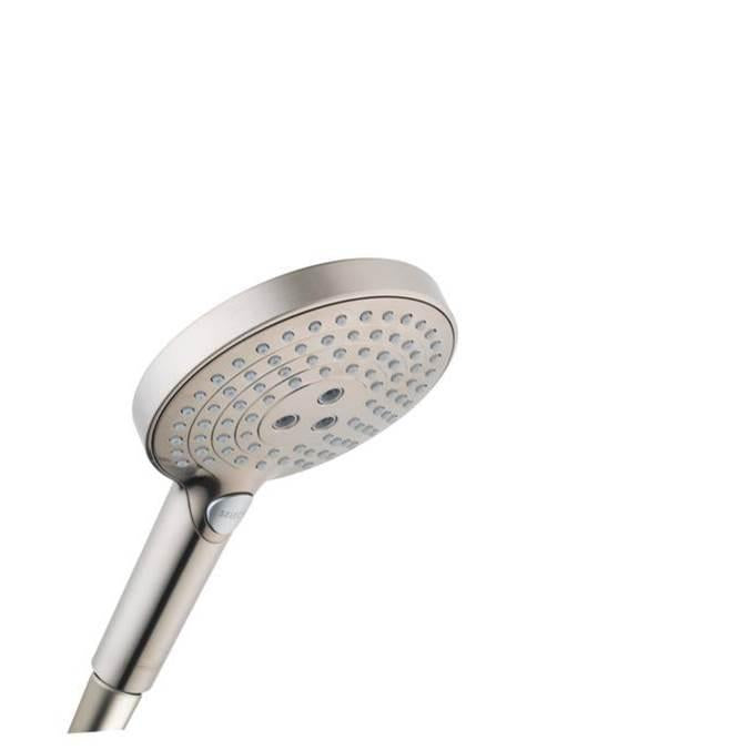 Brushed nickel handheld showerhead with circular perforated face and grip handle.