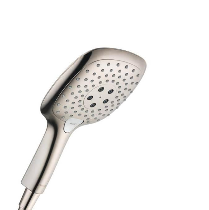 Brushed nickel handheld showerhead with oval head, multiple spray holes, and curved handle with control button.