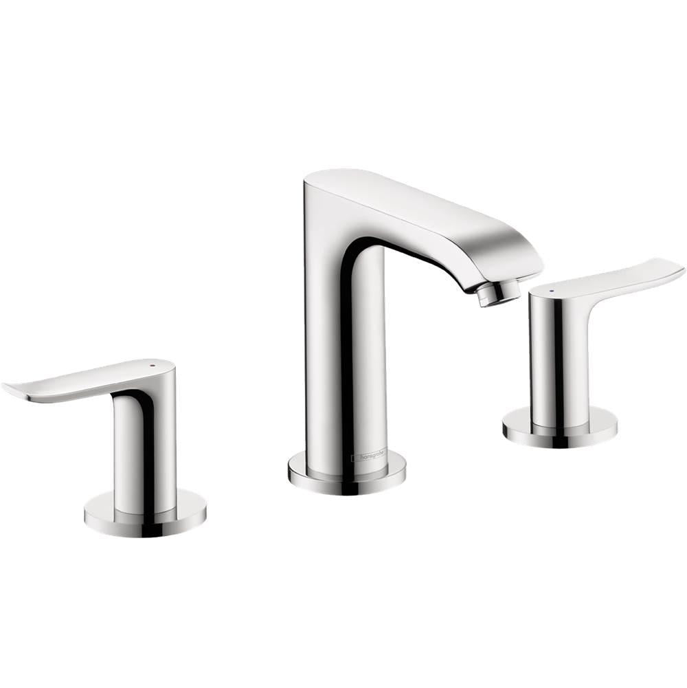 Chrome widespread bathroom faucet with tall curved center spout and two lever handles.