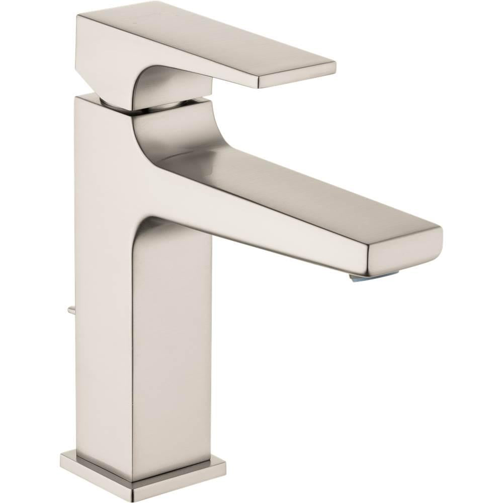 Brushed nickel single-hole bathroom faucet with rectangular spout, lever handle, and pop-up drain.