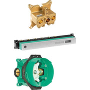 Brass rough-in valve with three ports, thermostatic trim with digital display, and green shower valve body with internal mech