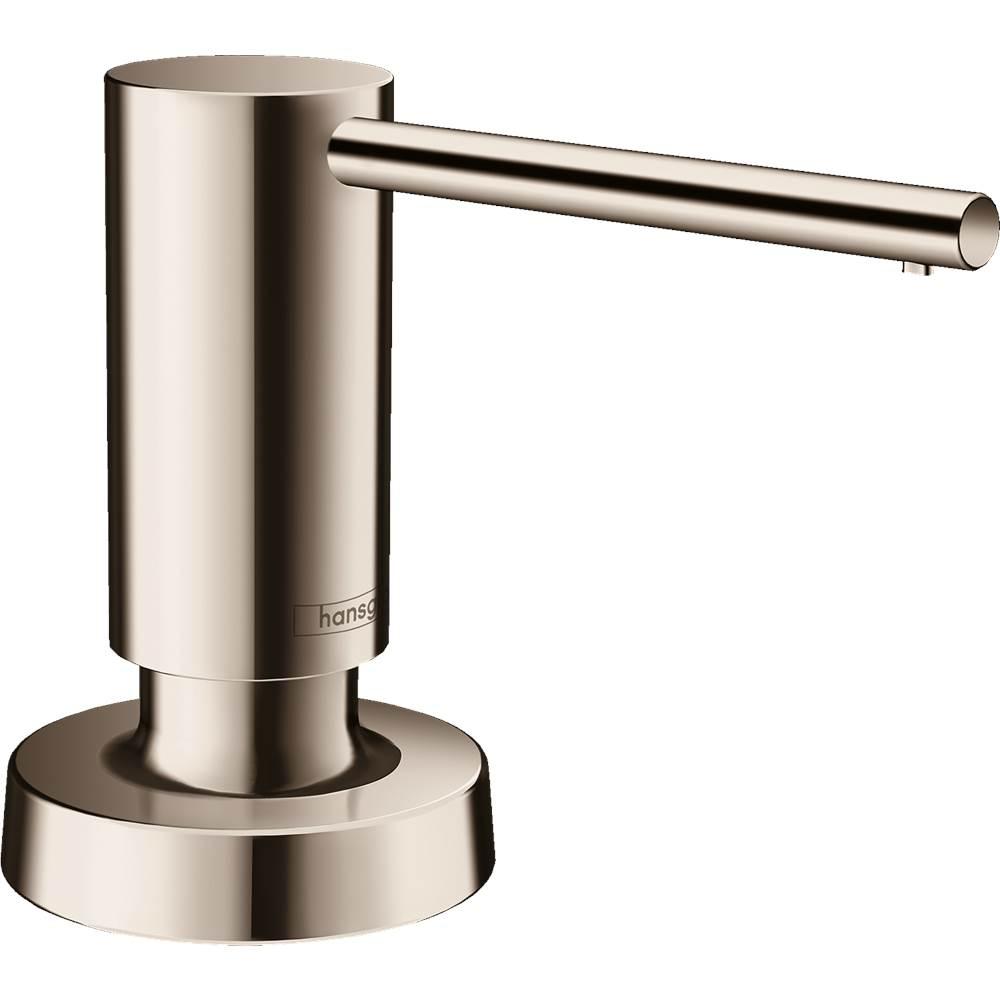 Polished nickel soap dispenser with cylindrical pump body and angled spout mounted on round base.