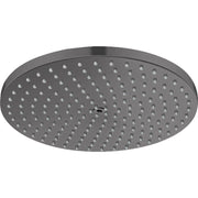 Round brushed black chrome shower head with evenly spaced small spray jets across flat surface.
