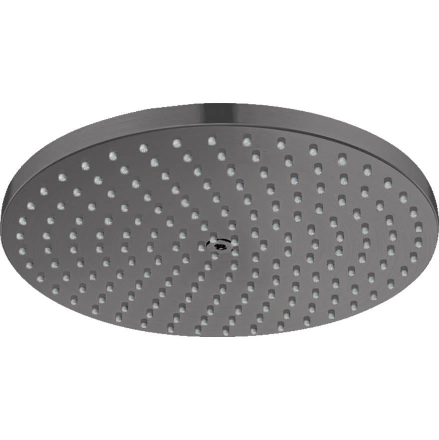 Round brushed black chrome shower head with evenly spaced small spray jets across flat surface.