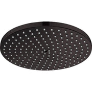 Matte black circular shower head with multiple spray jets distributed across the flat surface.