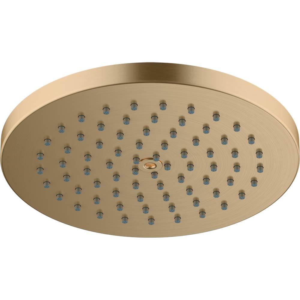 Brushed bronze round shower head with multiple small spray jets distributed across flat surface.