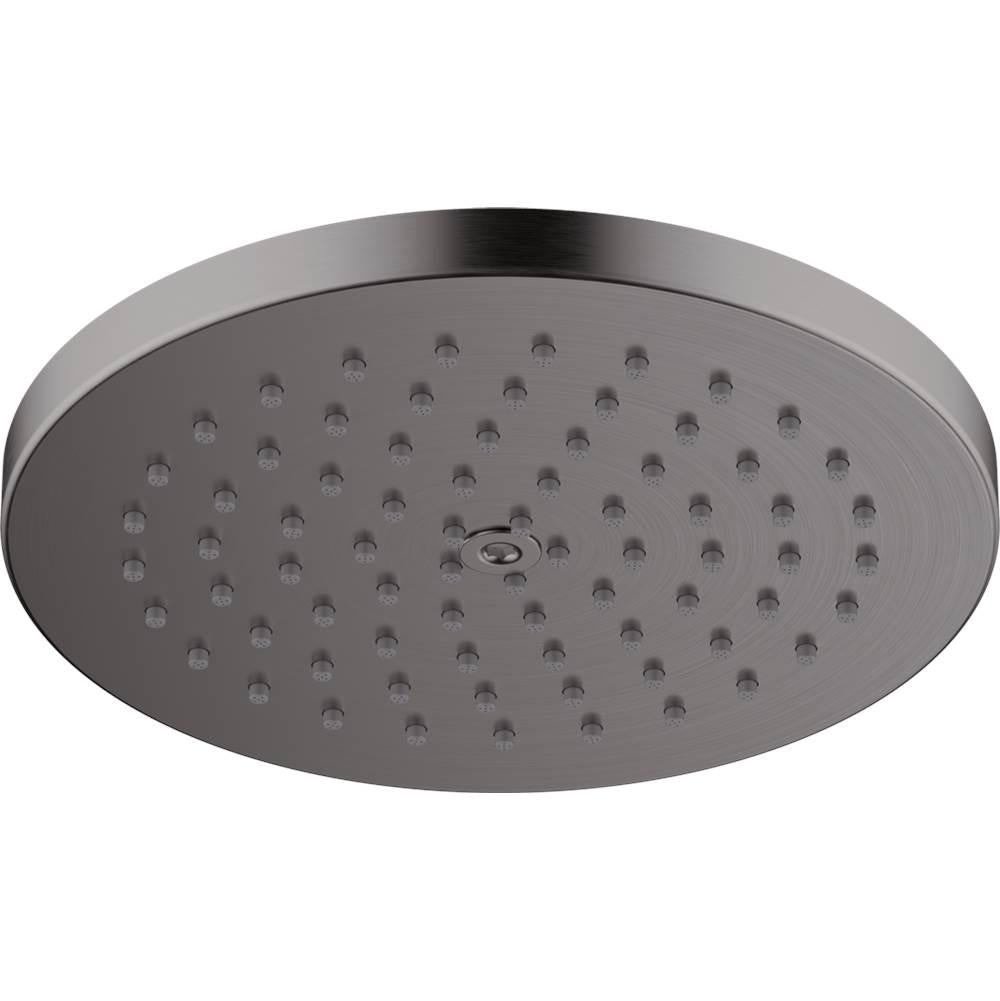 Brushed black chrome round shower head with multiple small spray holes across the face and a raised rim.