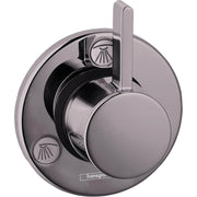 Brushed black chrome round diverter trim with lever handle and two circular outlet ports with fan icons.
