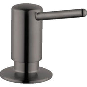 Brushed black chrome cylindrical soap dispenser with horizontal pump lever and circular base.