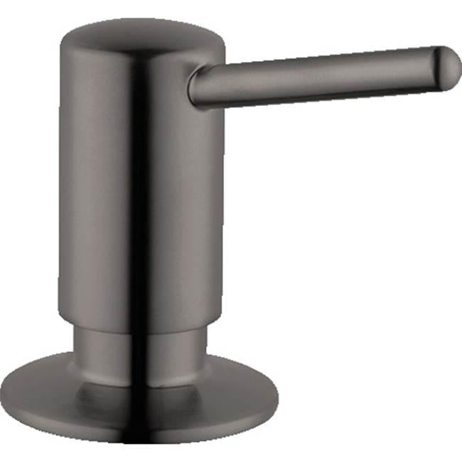 Brushed black chrome cylindrical soap dispenser with horizontal pump lever and circular base.